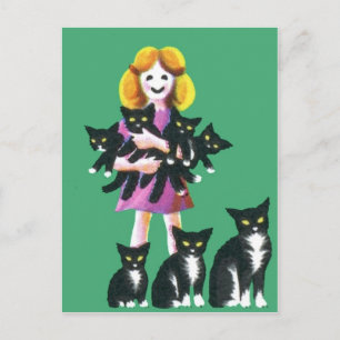 Cute Rustic Girl met kattenpaastekening Briefkaart