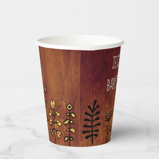 Cute Rustic Gold Floral Custom Name Baby shower Papieren Bekers (Rechts)