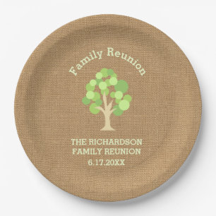 Cute Rustic Green Tree and Burlap Family Reunion Papieren Bordje