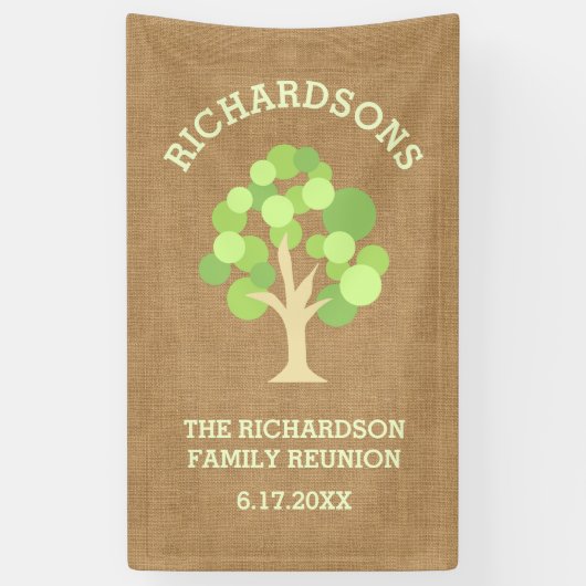 Cute Rustic Green Tree and Burlap Family Reunion Spandoek (Verticaal)