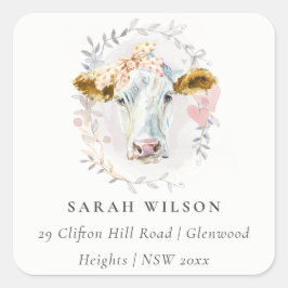Cute Rustic Heilige Koe Boerderij Floral Wreataddr Vierkante Sticker