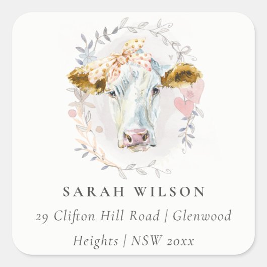 Cute Rustic Heilige Koe Boerderij Floral Wreataddr Vierkante Sticker (Voorkant)