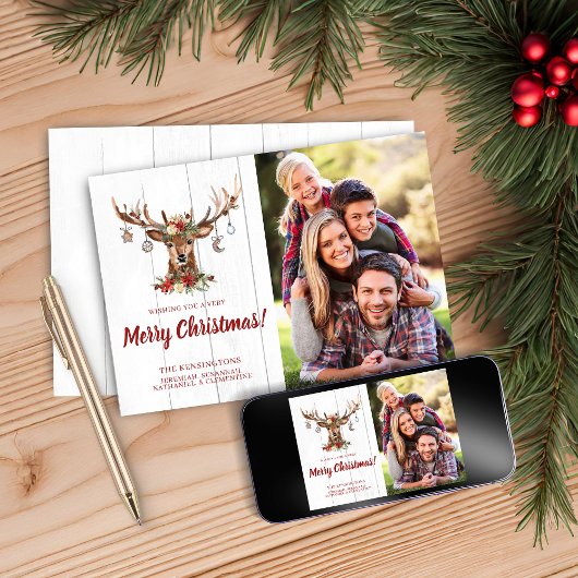 Cute Rustic Kerstmis Deer Ornamenten Holiday Foto Feestdagenkaart