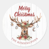 Cute Rustic Kerstmis Deer Ornamenten Holiday Ronde Sticker (Voorkant)