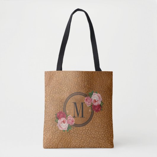 Cute Rustic Leather Kijk  Floral Monogram Tote Bag (Voorkant)