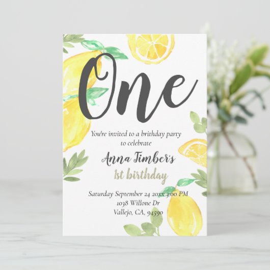 Cute rustic lemon 1st jarig kind Uitnodiging (Staand voorkant)
