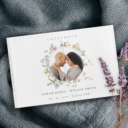 Cute Rustic Meadow Floral Wreath Photo Wedding Gastenboek
