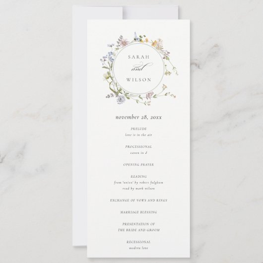 Cute Rustic Meadow Floral Wreath Wedding Programme Kaart (Voorkant)