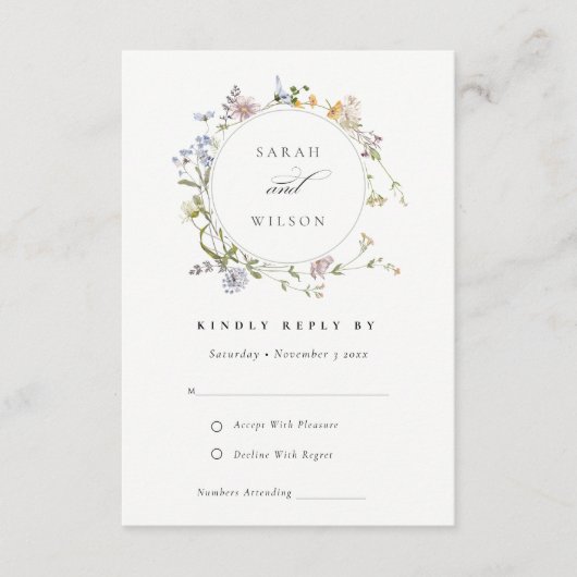 Cute Rustic Meadow Floral Wreath Wedding RSVP Informatiekaartje (Voorkant)