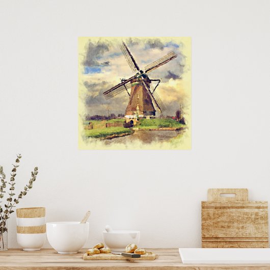 Cute Rustic Nederlandse Waterverf windmolen Poster (Keuken)