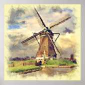 Cute Rustic Nederlandse Waterverf windmolen Poster (Voorkant)