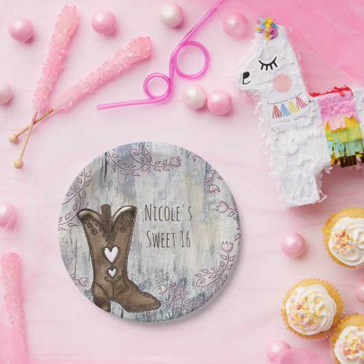Cute Rustic Pink Cowgirl Heart Boots Vrijgezellenf Papieren Bordje (Feest)