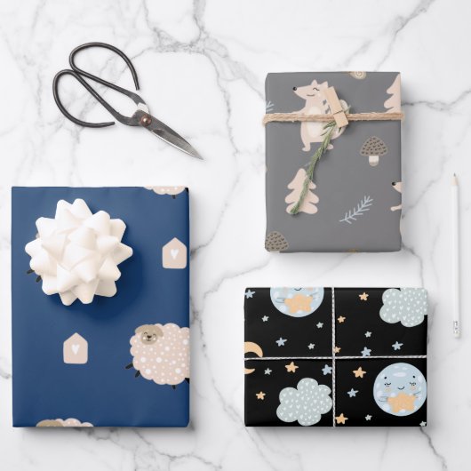 Cute Rustic Scandinavian Sheep Fox Moon Baby Boy Inpakpapier Vel (Voorkant)