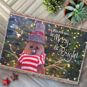 Cute Rustic Snowman Merry & Bright kerstboom Deken