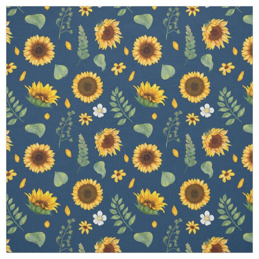 Cute Rustic Sunflower Pattern Blue Background Stof (Swatch)