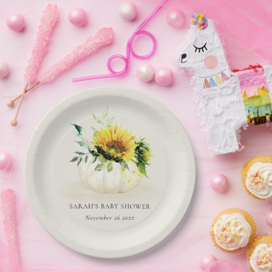 Cute Rustic Sunflower Pumpkin Floral Baby shower Papieren Bordje (Feest)