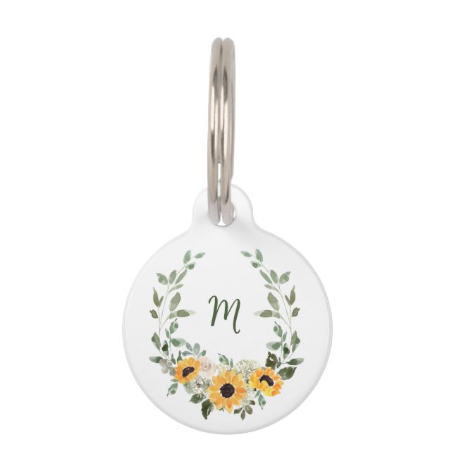 Cute Rustic Sunflower Waterverf | Monogram Huisdierpenning (Voorkant)