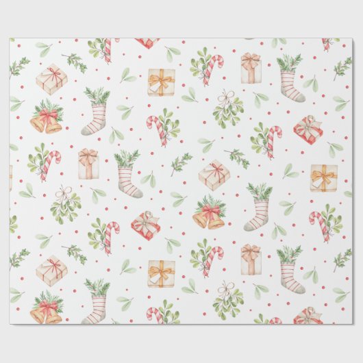 Cute Rustic Waterverf kerstpatroon Cadeaupapier (Vlak)