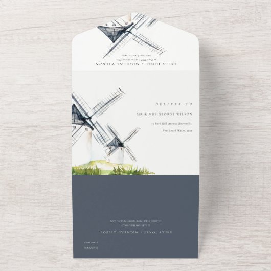 Cute Rustic Waterverf Windmill Boerderij Theme Wed All In One Uitnodiging (Buitenkant)