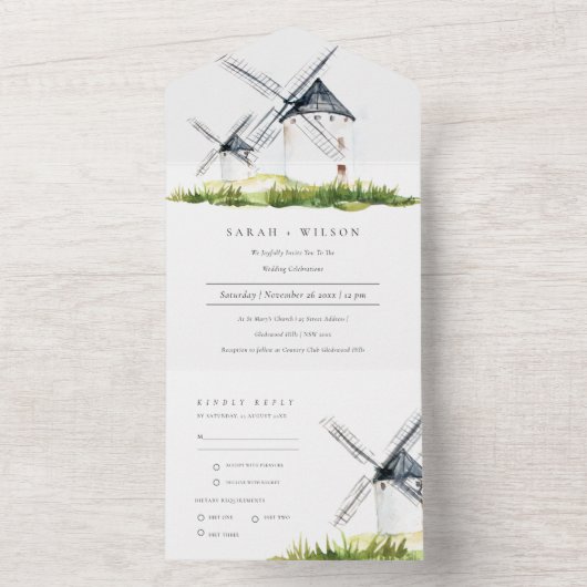 Cute Rustic Waterverf Windmill Boerderij Theme Wed All In One Uitnodiging (Binnen)