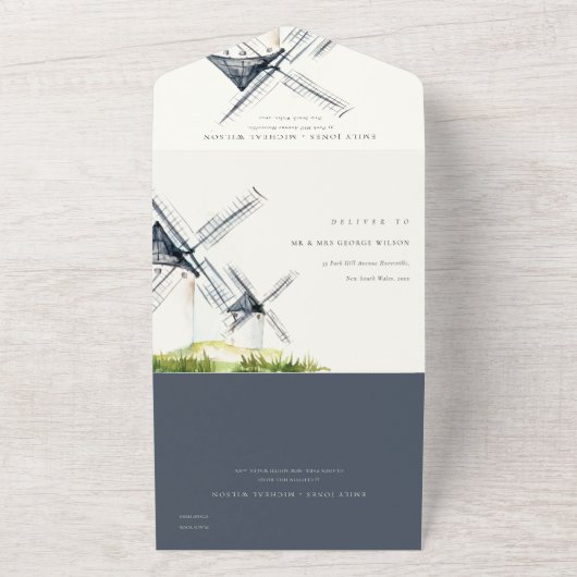 Cute Rustic Waterverf Windmill Boerderij Theme Wed All In One Uitnodiging (Buitenkant)