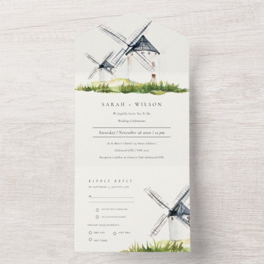 Cute Rustic Waterverf Windmill Boerderij Theme Wed All In One Uitnodiging (Binnen)