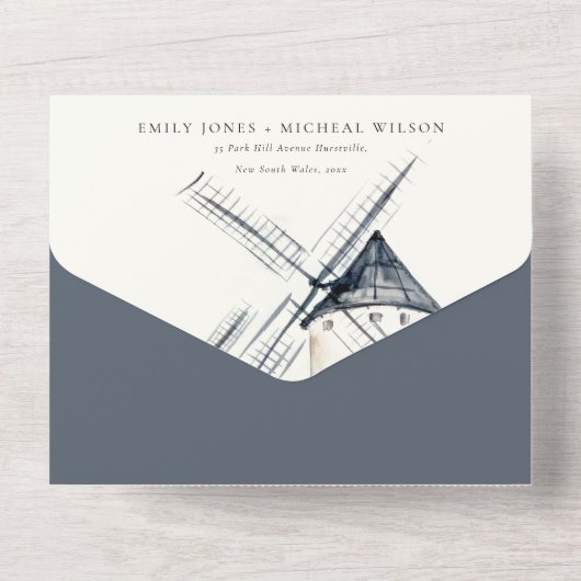 Cute Rustic Waterverf Windmill Boerderij Theme Wed All In One Uitnodiging (Achterkant)