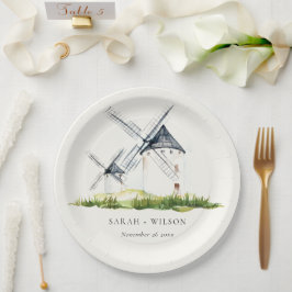 Cute Rustic Waterverf Windmill Boerderij Theme Wed Papieren Bordje