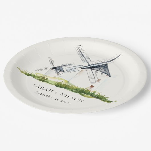 Cute Rustic Waterverf Windmill Boerderij Theme Wed Papieren Bordje (Gekanteld)