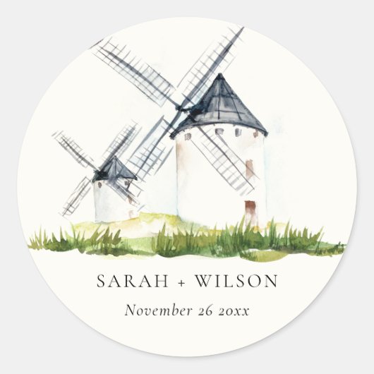 Cute Rustic Waterverf Windmill Boerderij Theme Wed Ronde Sticker (Voorkant)