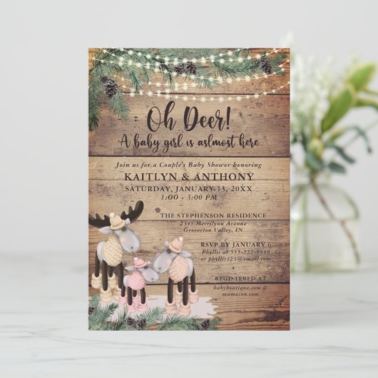 Cute Rustic Winter Deer Couple Baby Girl Shower Kaart (Staand voorkant)