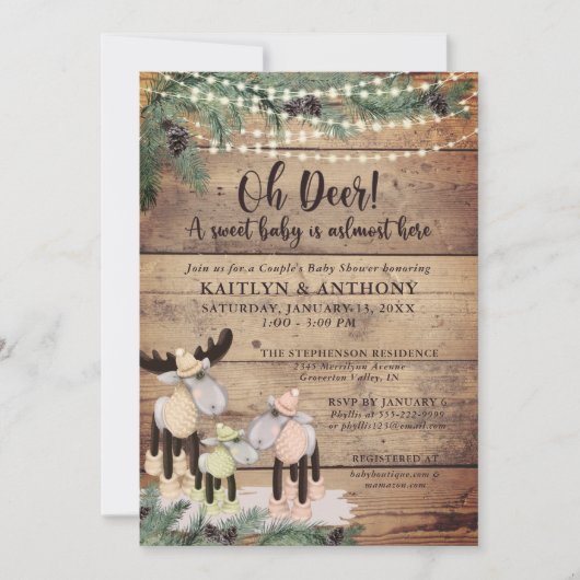 Cute Rustic Winter Deer Couple Baby shower Kaart (Voorkant)