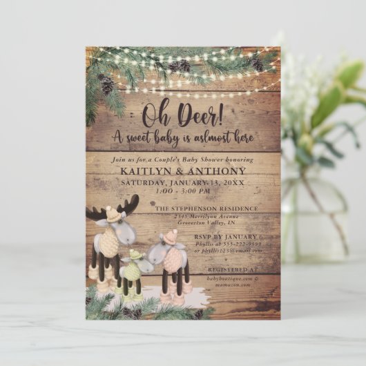 Cute Rustic Winter Deer Couple Baby shower Kaart (Staand voorkant)