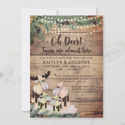 Cute Rustic Winter Deer Couple Baby shower Twins Kaart (Voorkant)