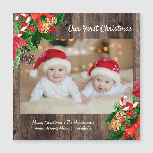 Cute Rustic Wood Baby's eerste kerstfoto (Voorkant)