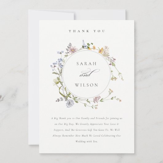 Cute Rustic Yellow Meadow Floral Wreath Wedding Bedankkaart (Voorkant)