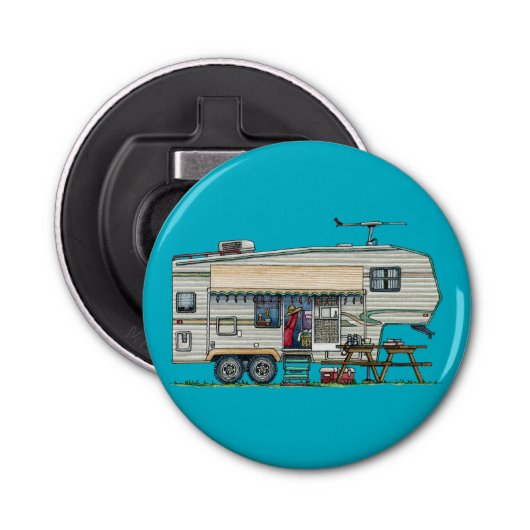 Cute RV  Fifth Wheel Camper Travel Trailer Button Flesopener (Voorkant)