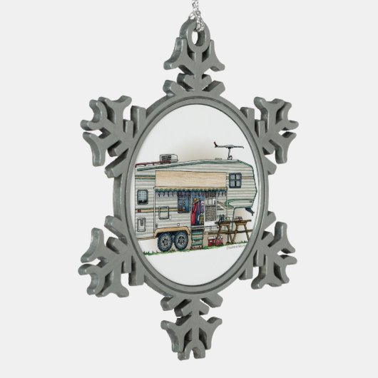 Cute RV  Fifth Wheel Camper Travel Trailer Tin Sneeuwvlok Ornament (Links)