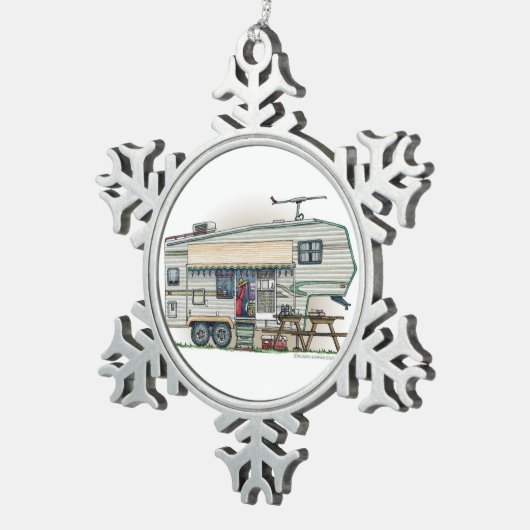 Cute RV  Fifth Wheel Camper Travel Trailer Tin Sneeuwvlok Ornament (Rechts)