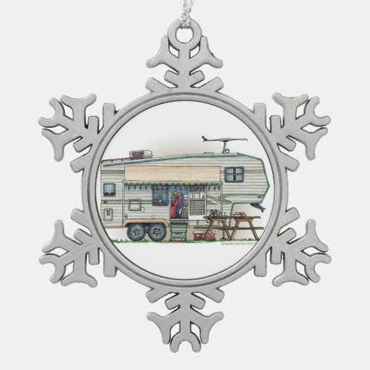Cute RV  Fifth Wheel Camper Travel Trailer Tin Sneeuwvlok Ornament (Voorkant)