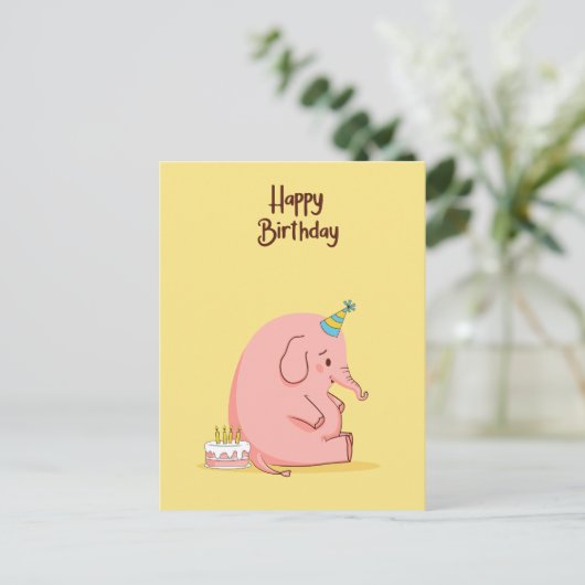 Cute Sad Elephant Birthday Card – Whimsical Pastel Briefkaart (Staand voorkant)