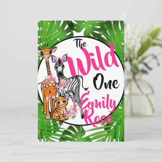 Cute Safari animal 1st Birthday | OERWOUDEN Kaart (Staand voorkant)