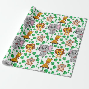 Cute Safari Animal Cartoon Oerwoud Pattern Birthda Cadeaupapier