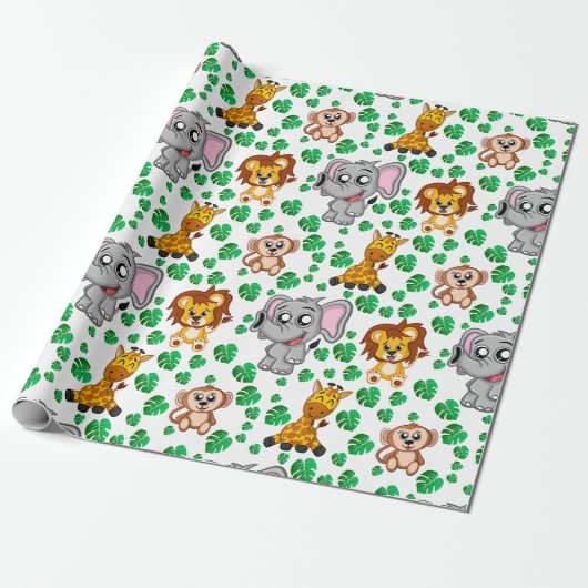 Cute Safari Animal Cartoon Oerwoud Pattern Birthda Cadeaupapier (Uitgerold)