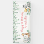 Cute Safari Animal Greenery Oerwoud First Birthday Spandoek (Verticaal)