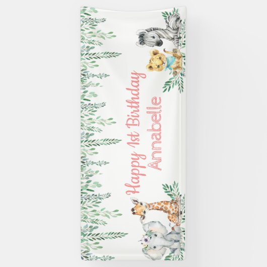 Cute Safari Animal Greenery Oerwoud First Birthday Spandoek (Verticaal)