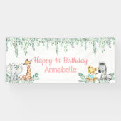 Cute Safari Animal Greenery Oerwoud First Birthday Spandoek (Horizontaal)