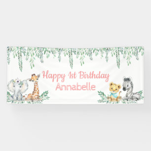 Cute Safari Animal Greenery Oerwoud First Birthday Spandoek