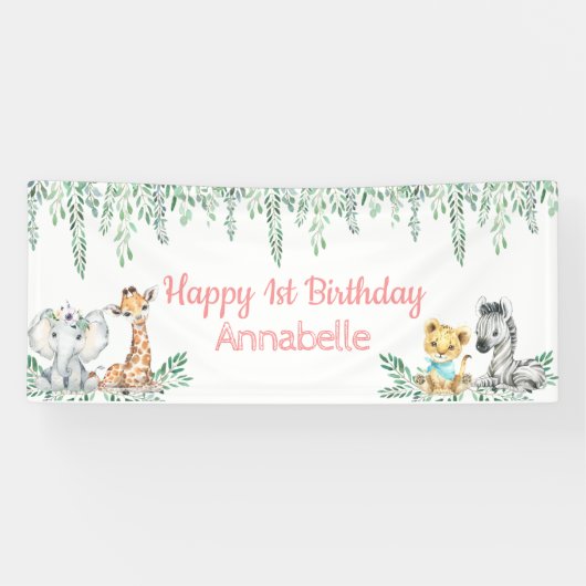 Cute Safari Animal Greenery Oerwoud First Birthday Spandoek (Horizontaal)