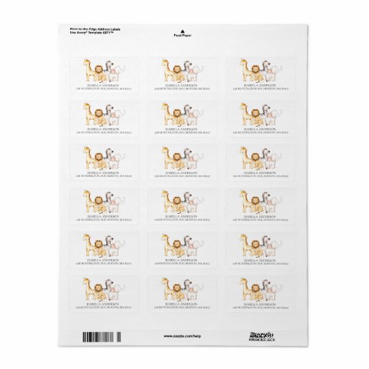 Cute Safari Animals Baby shower Adres Label (Full Sheet)